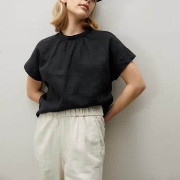 Everlane Tops - EVERLANE The Linen Drape Top Womens 2 Black Cap Sleeve High Neck Casual Resort